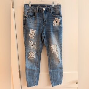 Seven7 Blue Distressed Boyfriend Jeans with White Floral Appliqué
